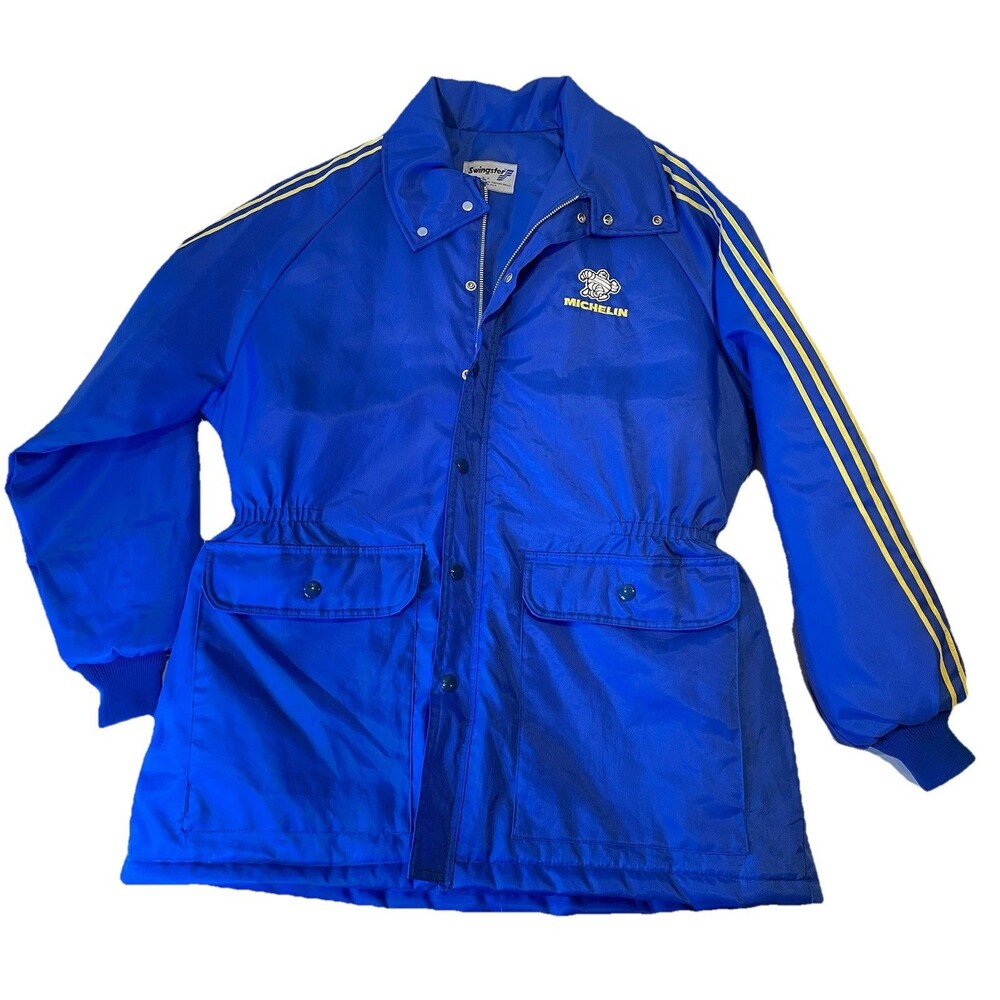 Vintage Michelin Racing Puffer Jacket Large Blue Swingster Three Stripes Coat